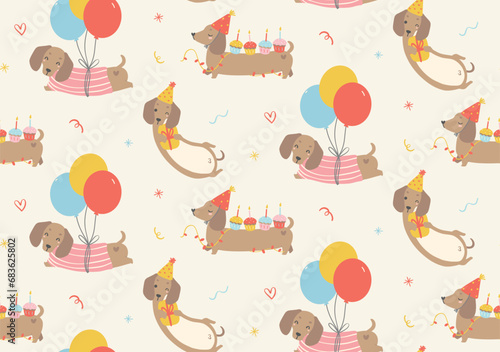 cute Birthday dog pattern seamless background with party dachshund sausage dog cartoon illustration. photo