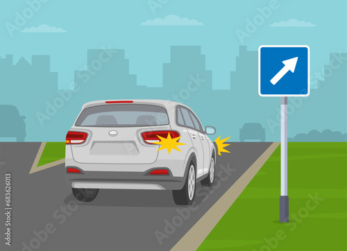 Safe driving tips and traffic regulation rules. Back view of a white suv car on motorway exit. Flat vector illustration template.
