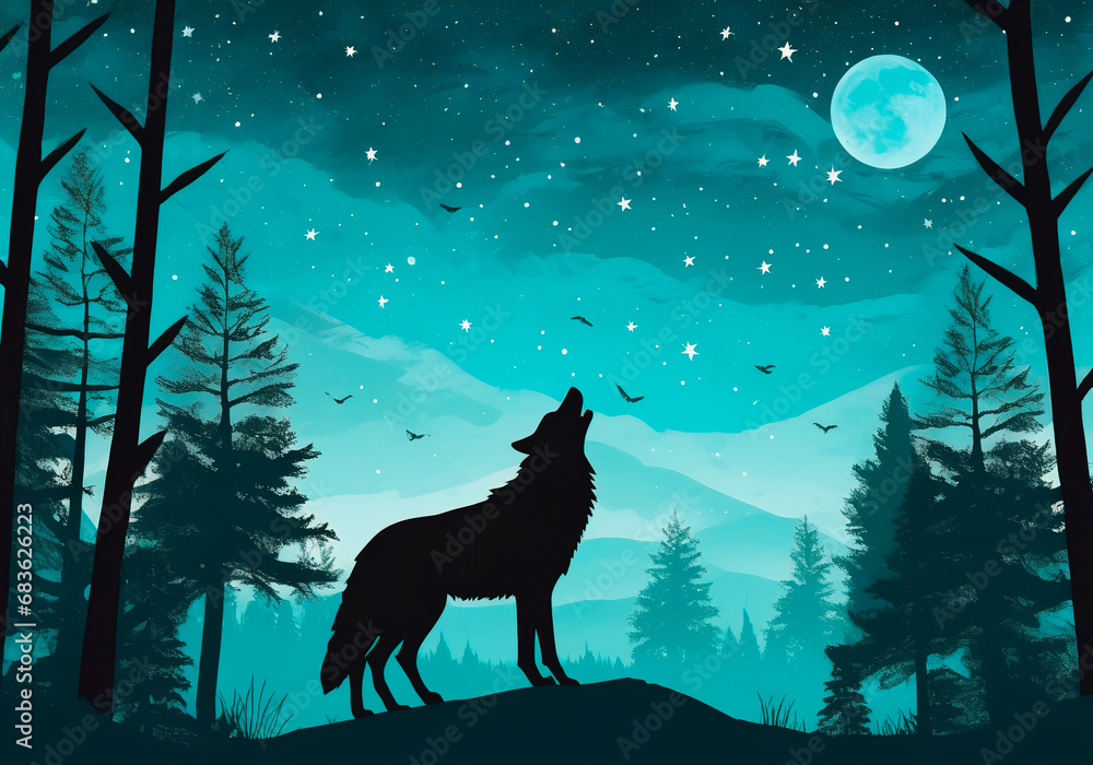 Silhouette of wolf in the forest at night. Silhouette of wolf in the forest at night.