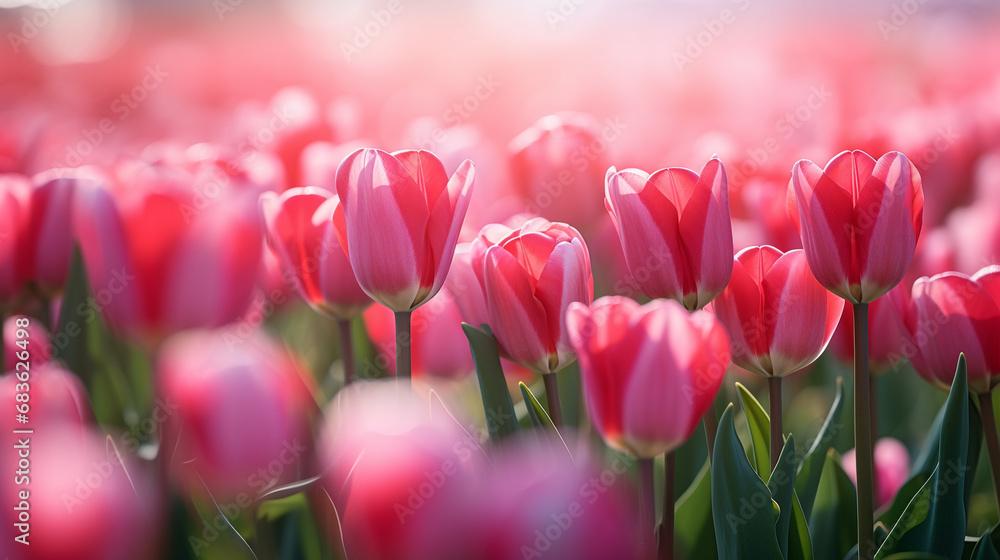 Beautiful colorful pink tulips flowers in spring garden, AI Generative.