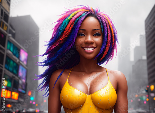 A beautiful African-American woman with an Afro hairstyle on the background of the city during the rain.