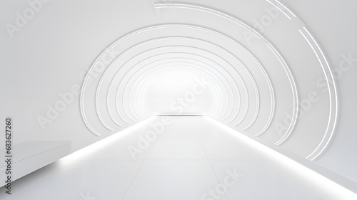 Futuristic Spaceship Interiors in Stunning Images,White Futuristic Elegance: 3D Rendering on a Round Background.AI Generative 