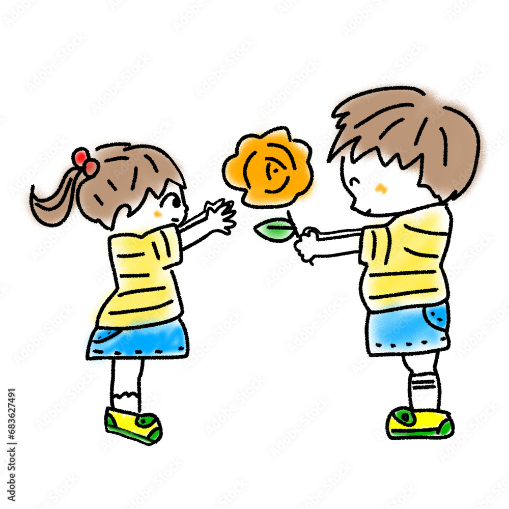 Fototapeta premium 花をプレゼントする子供のイラスト
