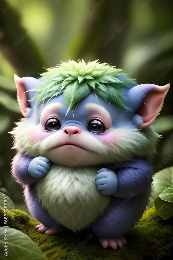 Obraz premium Mysterious forest furry creature. Close up. Blurred background.