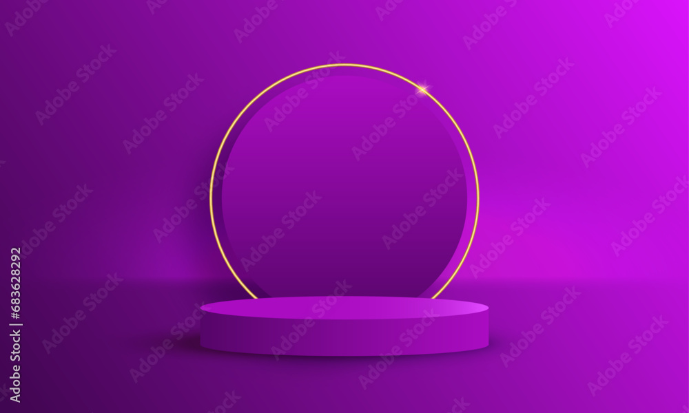 Vector abstract 3d dark purple room with realistic cylinder pedestal podium and golden neon ring background Vector abstract 3d dark purple room with realistic cylinder pedestal podium and golden neon ring background