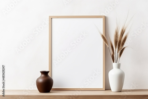 Empty mockup poster frame on white stucco wall above wooden cabinet. AI Generative.