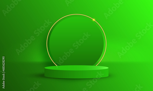 Vector abstract 3d dark green room with realistic cylinder pedestal podium and golden neon ring background