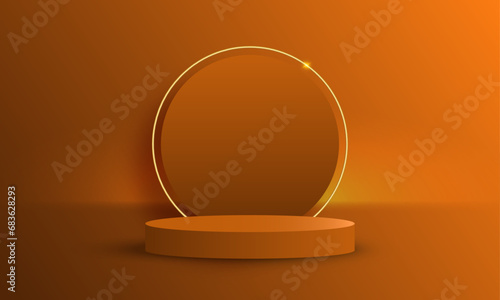 Vector abstract 3d dark brown room with realistic cylinder pedestal podium and golden neon ring background