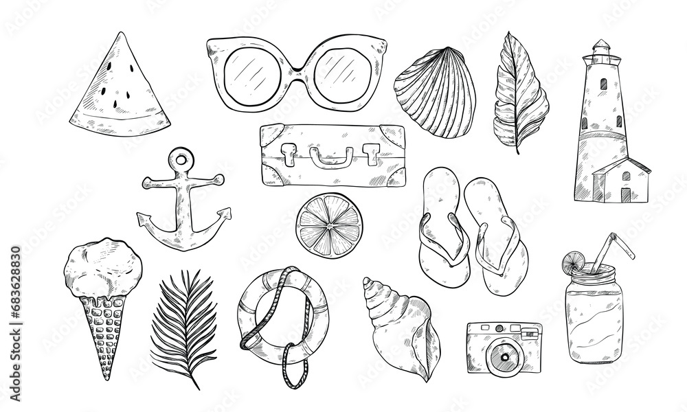 beach holiday handdrawn illustration engraving