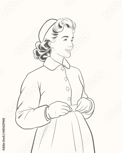 A woman in a dress and hat is holding a handkerchief