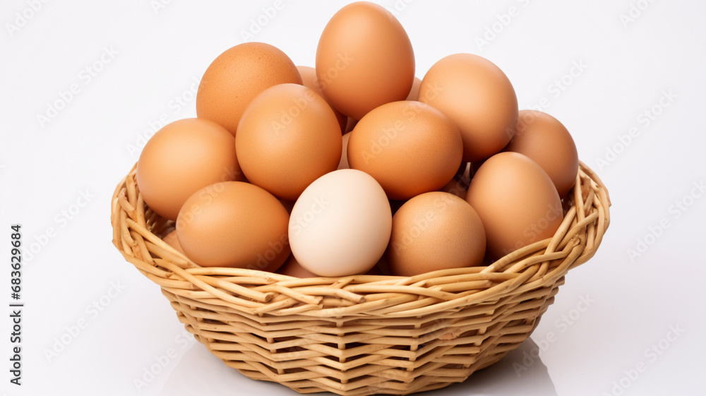 Eggs in basket on white background, AI Generative. Eggs in basket on white background, AI Generative.