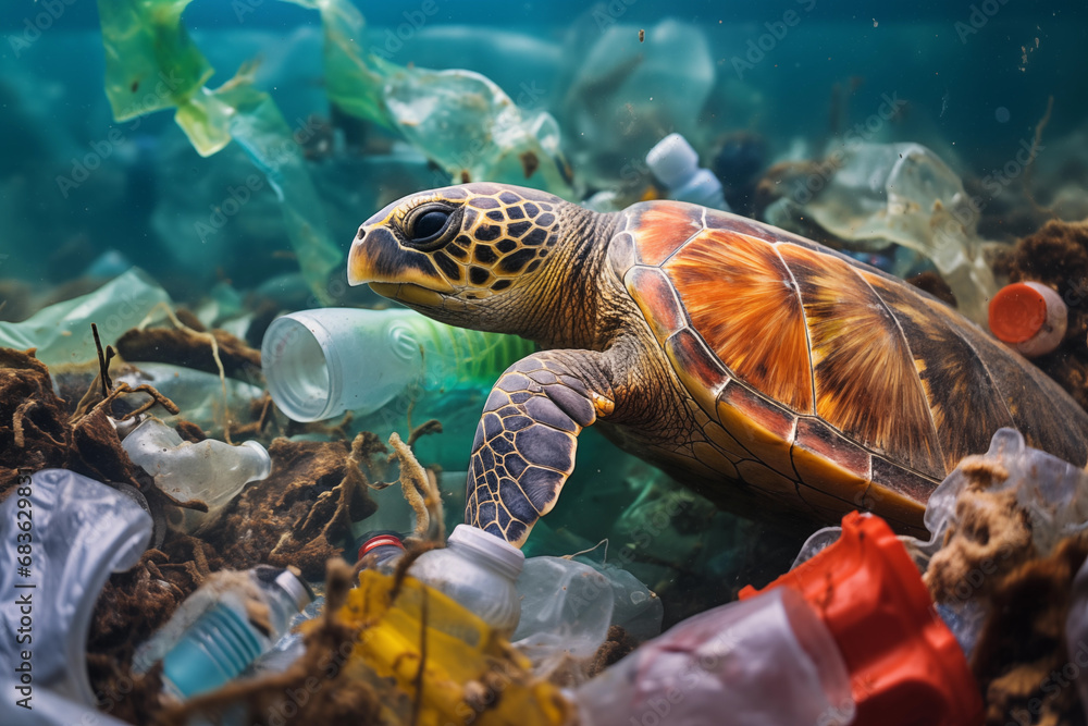 Plastic pollution in ocean environmental problem. Turtles can eat