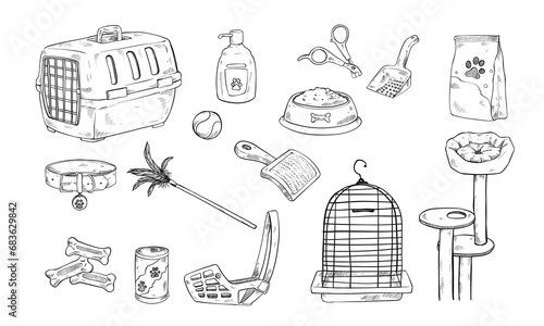 pet accessories handdrawn illustration engraving