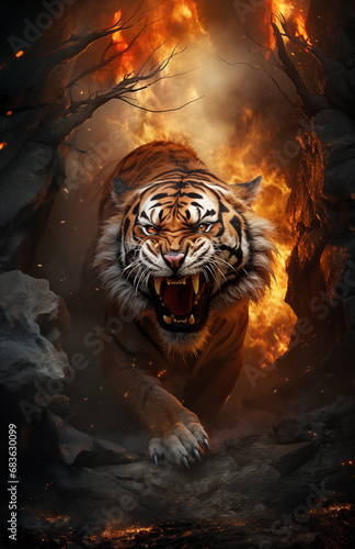 Fotografie Fierce Tiger Emerges From a Raging Jungle Fire - Hyper Realism