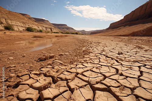 Cracked dry riverbed, showcasing the effects of climate change on water resources photo