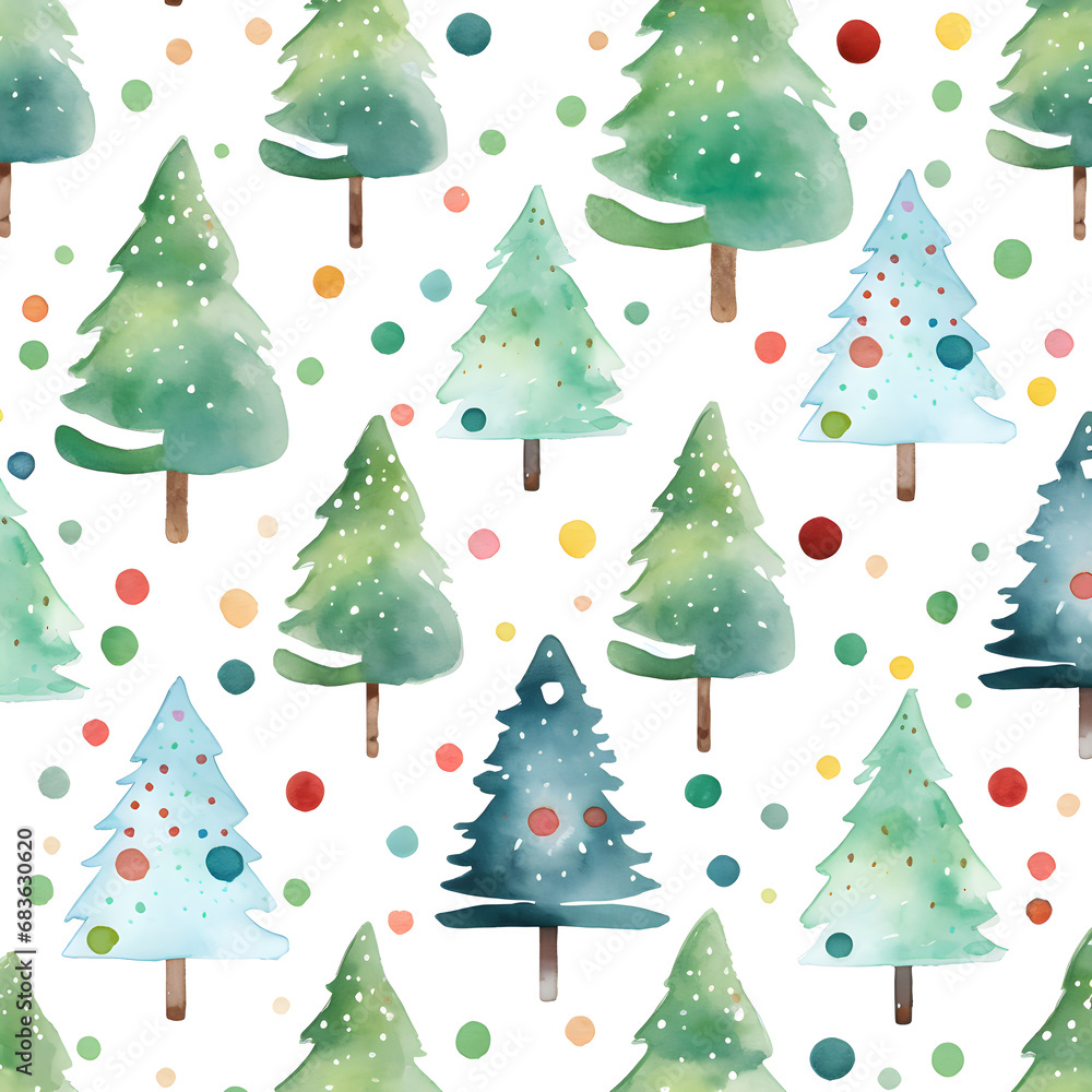 Christmas background with green trees on a white background. Seamless pattern. Watercolor illustration. For textiles, gift wrapping.