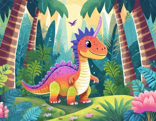 Illustration of cute rainbow dinosaur cartoon in the jungle © Riczdodo