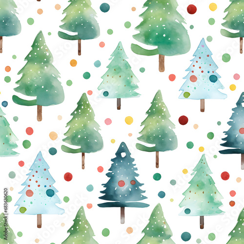 Christmas background with green trees on a white background. Seamless pattern. Watercolor illustration. For textiles, gift wrapping. © Werayut