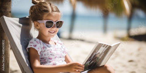 little girl reading on the beach wearing sunglasses, generative AI photo