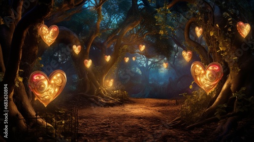 An enchanted forest with trees adorned in heart-shaped lanterns, creating a magical ambiance at dusk.