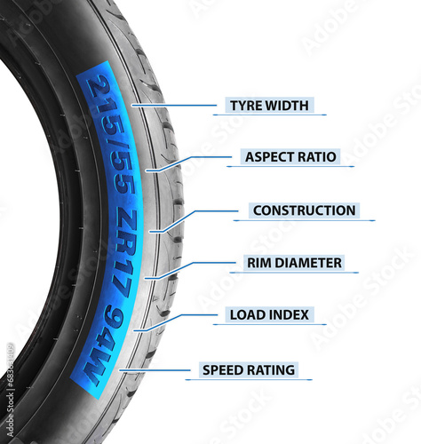 Tire sidewall marking , numbers and letters on meaning of car tire isolated on white background , Car tire concept photo