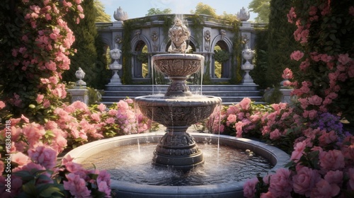 An enchanting garden featuring a fountain adorned with intricate carvings of Cupid, with water cascading down into a pool surrounded by blossoming roses.
