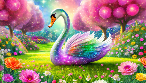 Fototapeta Naklejka Na Ścianę i Meble -  Illustration of cute rainbow swan on the beautiful garden