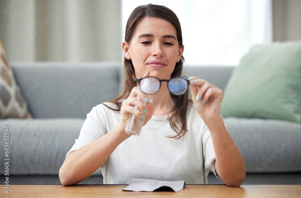 Home, cleaning and glasses with woman, lens and eye care protection with liquid, bottle and optic maintenance. Person, house or woman with eyewear, frames or cloth to wipe spectacle for clear vision Home, cleaning and glasses with woman, lens and eye care protection with liquid, bottle and optic maintenance. Person, house or woman with eyewear, frames or cloth to wipe spectacle for clear vision