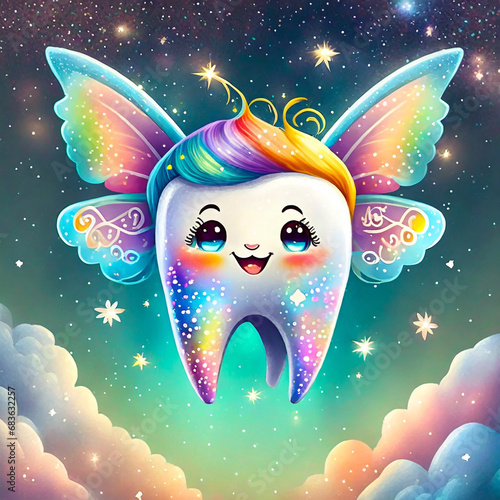 Illustration of cute rainbow tooth fairy on starry background