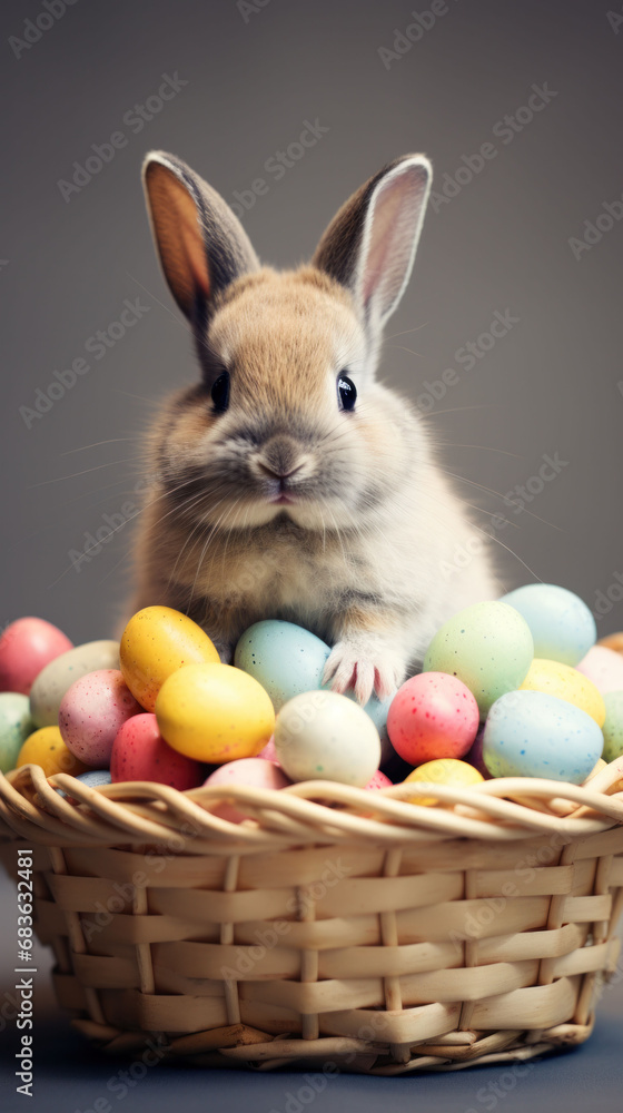 Inquisitive bunny peers over a basket filled with a rainbow of Easter eggs, set against a muted background for contrast. Inquisitive bunny peers over a basket filled with a rainbow of Easter eggs, set against a muted background for contrast.
