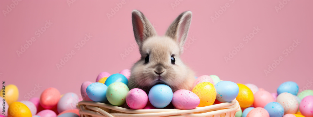Fototapeta premium A playful bunny peeks out from a basket brimming with brightly colored Easter eggs on a gentle pink background.