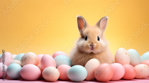 A fluffy bunny overlooks a basket brimming with multicolored Easter eggs, framed by a soft pink background. © Liana