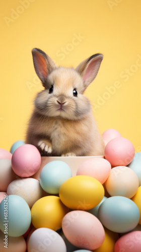  A young bunny stands guard over a colorful assortment of Easter eggs, with a warm yellow backdrop adding to the festive atmosphere. © Liana