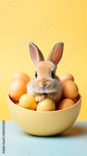 Alert bunny perched in a yellow bowl, surrounded by golden Easter eggs, against a contrasting blue backdrop.