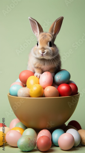 Bunny proudly sits atop a bowl overflowing with Easter eggs, highlighted by a gentle green background for a natural feel. © Liana