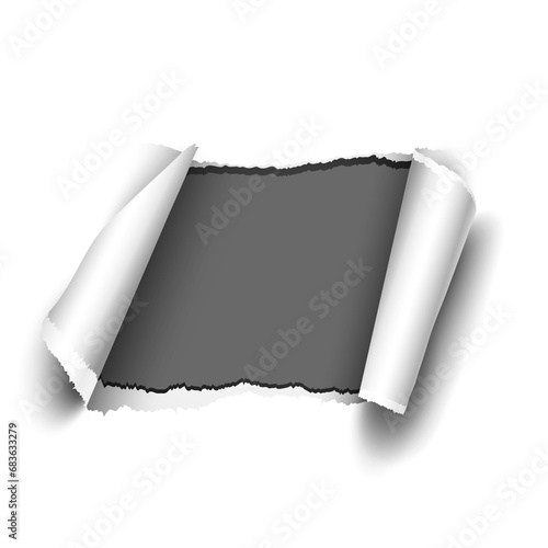 Paper hole with torn edges design template. Royalty high-quality free stock image of elongated torn paper fragments isolated on white background,  hole in the sheet of torn paper fragments overlay photo