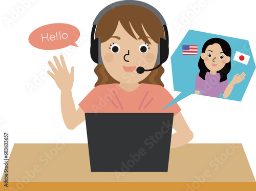 ヘッドホンを着用してオンラインで日英のバイリンガルの先生と英会話をしている日本人女性の正面画
