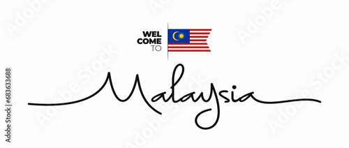 Welcome to Malaysia modern calligraphic text. handwritten with flag isolated on white background. Malaysian lettering style, script, line drawing, signature, calligraphy, monoline. Vector Illustration