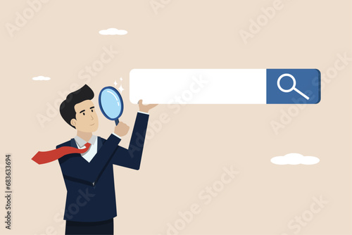 Search, research, SEO, search engine optimization, search for information, explore website concept, businessman with magnifying glass finds new website from search bar.