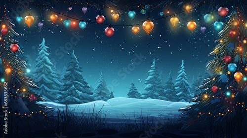 Tło ze śnieżnym zimowym nocnym leśnym krajobrazem i świecącymi się lampkami.