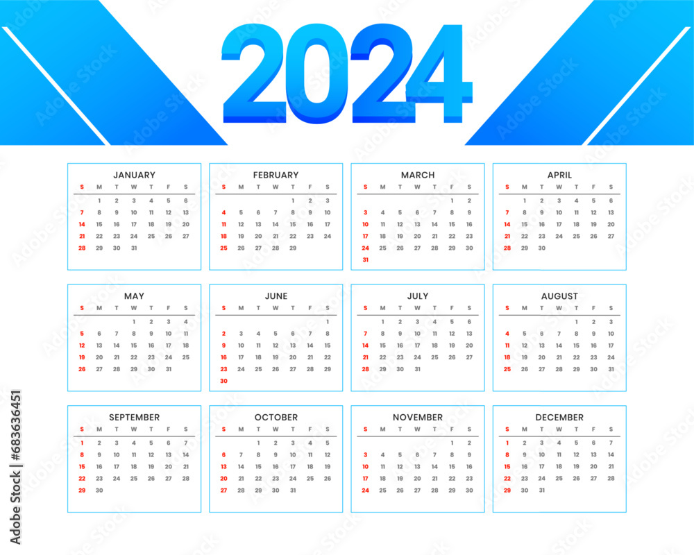 modern 2024 new year calendar template in white and blue color modern 2024 new year calendar template in white and blue color