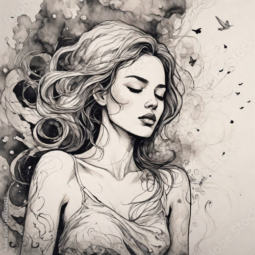 Beautiful woman in dreams, ink style. ai generative