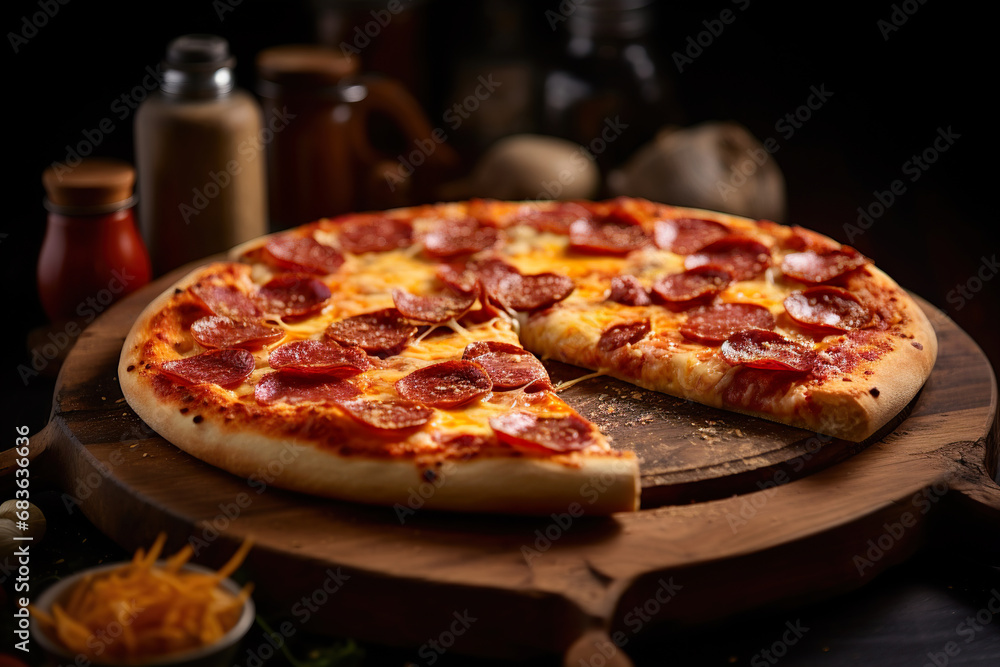 Pepperoni Pizza on a Wooden Table. Generative Ai