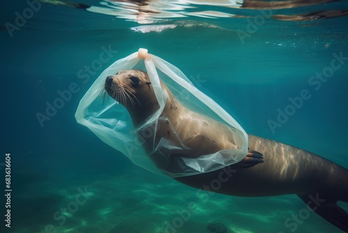A sea lion entangled in a plastic bag, ocean pollution, plastic pollution, underwater photo, seal © evgenia_lo