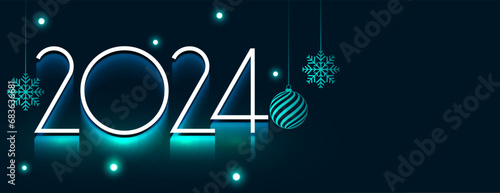 2024 new year eve banner with hanging xmas ball and snowflake