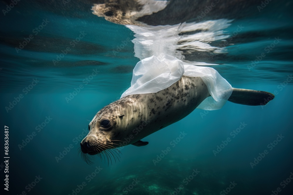 Naklejka premium A sea lion entangled in a plastic bag, ocean pollution, plastic pollution, underwater photo, seal
