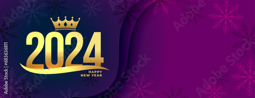 happy new year 2024 snowflake banner with crown design