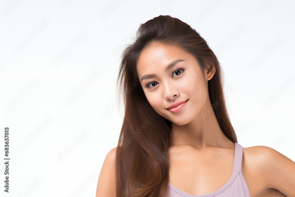 Asian woman in white top camisole poses against clean white wall with her black hairstyle, fresh bare skin, the concept of beauty, skincare, and health wellness. Generative AI. Asian woman in white top camisole poses against clean white wall with her black hairstyle, fresh bare skin, the concept of beauty, skincare, and health wellness. Generative AI.