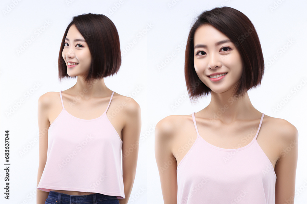 Asian woman in white top camisole poses against clean white wall with her black hairstyle, fresh bare skin, the concept of beauty, skincare, and health wellness. Generative AI. Asian woman in white top camisole poses against clean white wall with her black hairstyle, fresh bare skin, the concept of beauty, skincare, and health wellness. Generative AI.