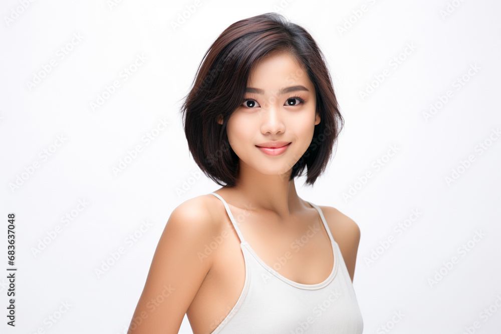 Asian woman in white top camisole poses against clean white wall with her black hairstyle, fresh bare skin, the concept of beauty, skincare, and health wellness. Generative AI. Asian woman in white top camisole poses against clean white wall with her black hairstyle, fresh bare skin, the concept of beauty, skincare, and health wellness. Generative AI.